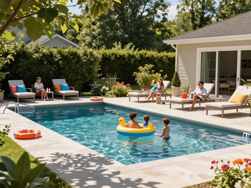 Dolphin Pool Services family enjoying a sunny afternoon at a clear pool in Virginia, surrounded by lush greenery and relaxing atmosphere.