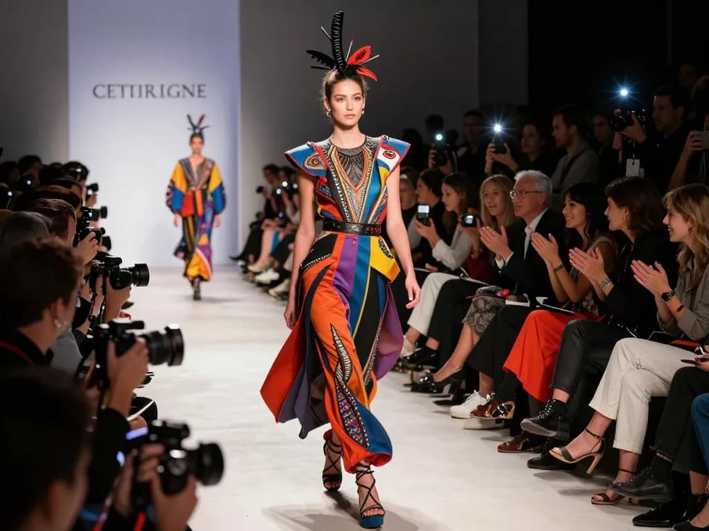 Runway show featuring a model in avant-garde fashion, vibrant atmosphere with photographers capturing the moment.