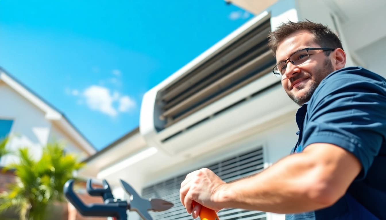 Efficient air conditioning repair Canada service with a technician solving issues at a home.