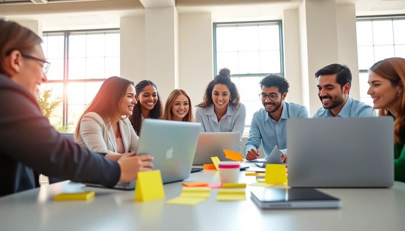Collaborative team in a Florida Advertising Agency working together in a vibrant office space.