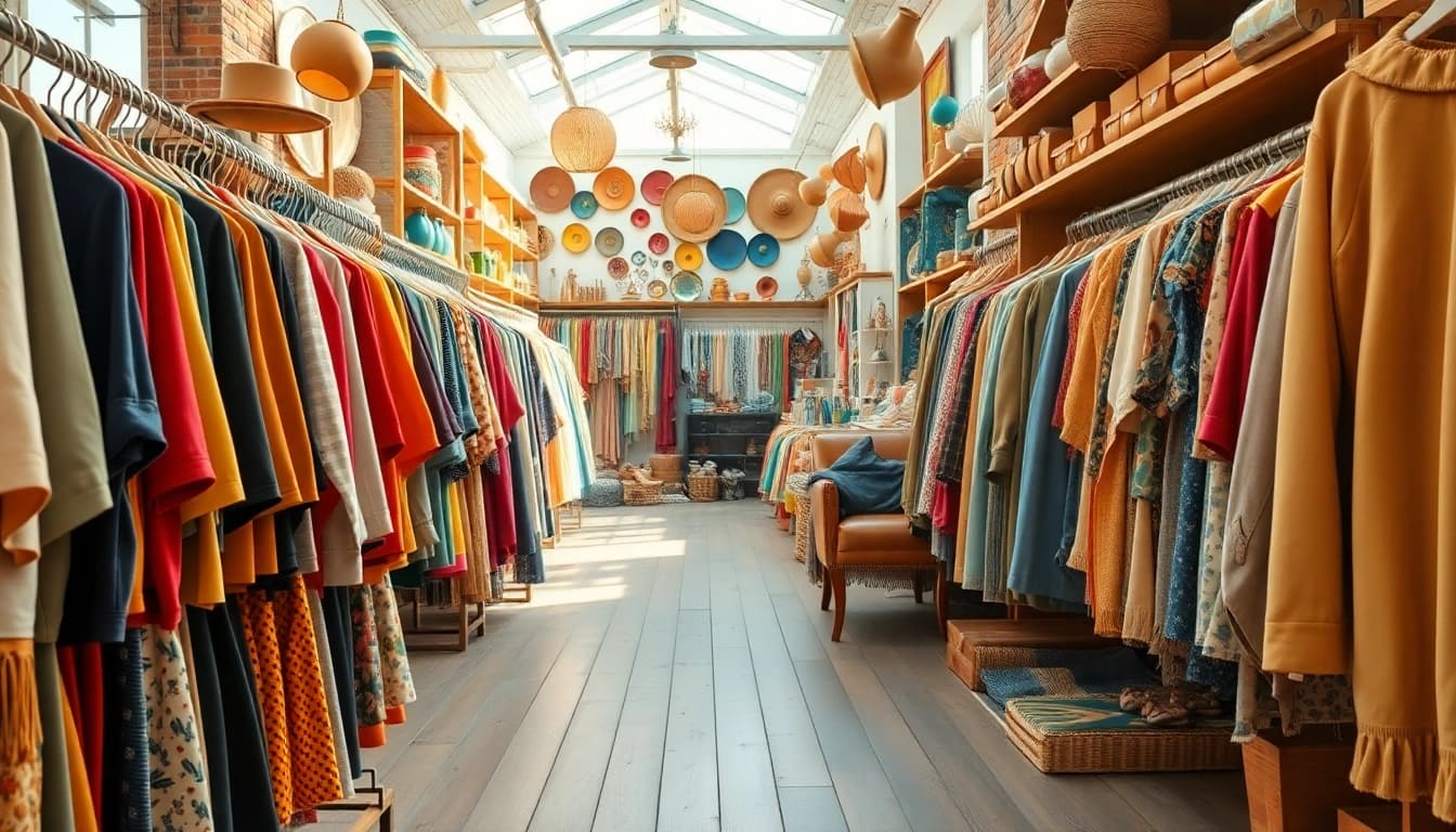 Shop at a thrift store Denmark filled with unique vintage treasures and colorful attire.