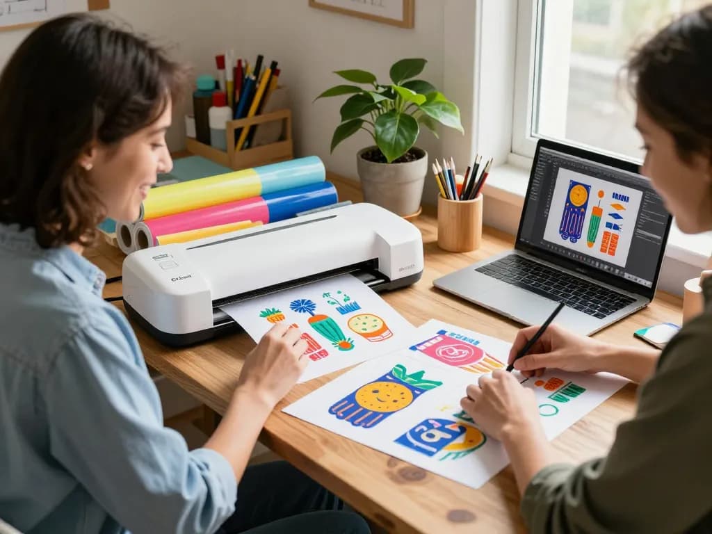 Vibrant crafting workspace showcasing SVG bundle designs and Cricut machine in use.