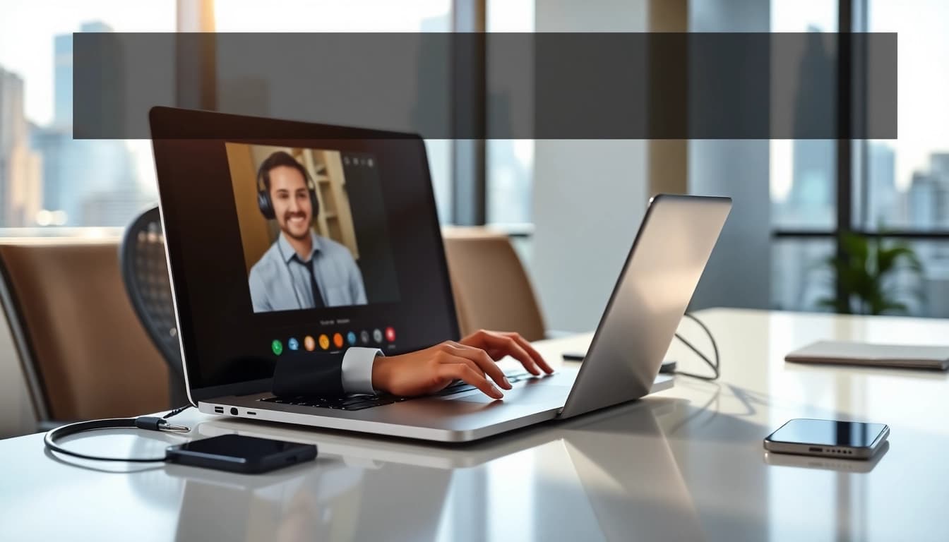 Engaging scene showing remote call control in action, with a person on a video call in a professional setting.