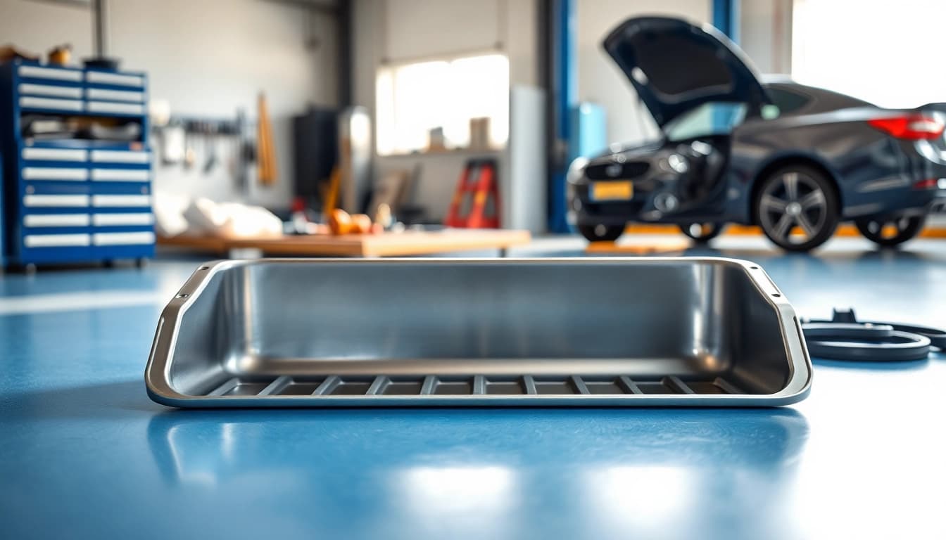 Oil Drain Pan showcased in a professional garage, highlighting its durability and design.