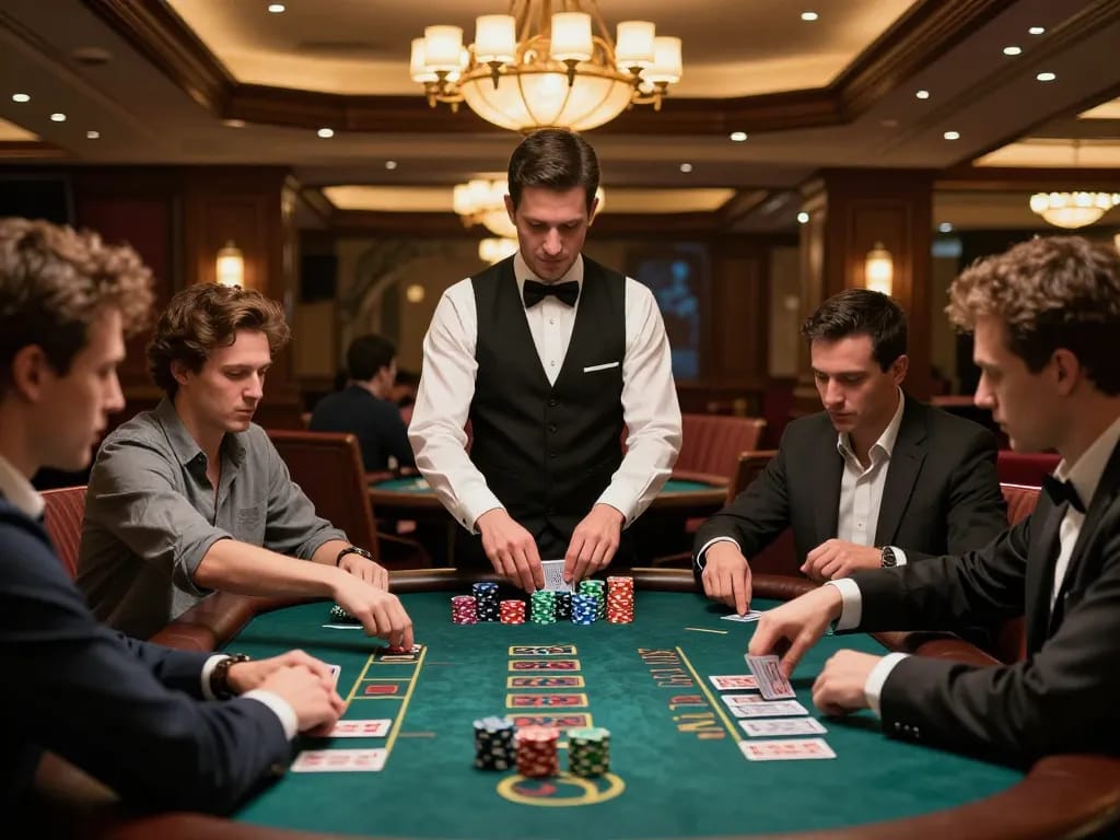 A competitive blackjack table scene with players showing strategic bets and focused expressions, highlighting giường bệnh nhân in a lively casino atmosphere.