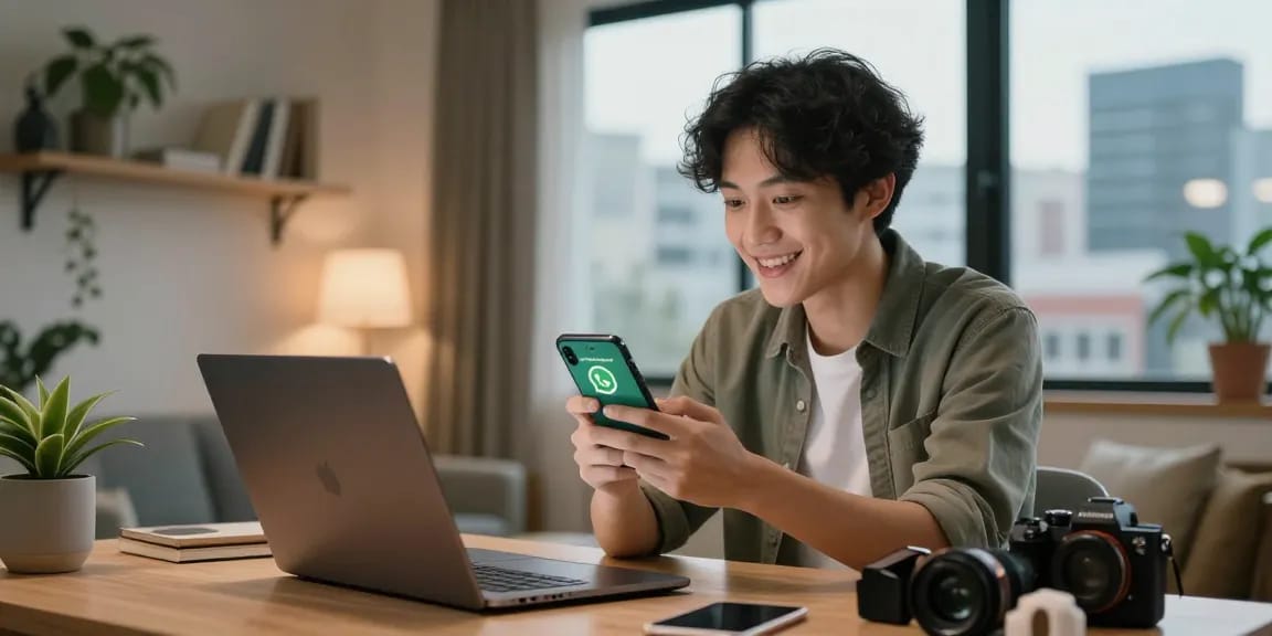 Setting up WhatsApp下載 on a smartphone in a modern urban apartment.
