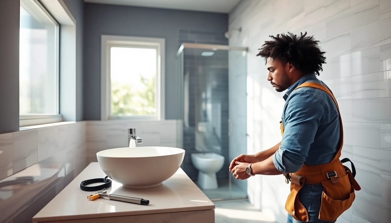 Bathroom installer adjusting a modern sink in a beautifully designed bathroom.