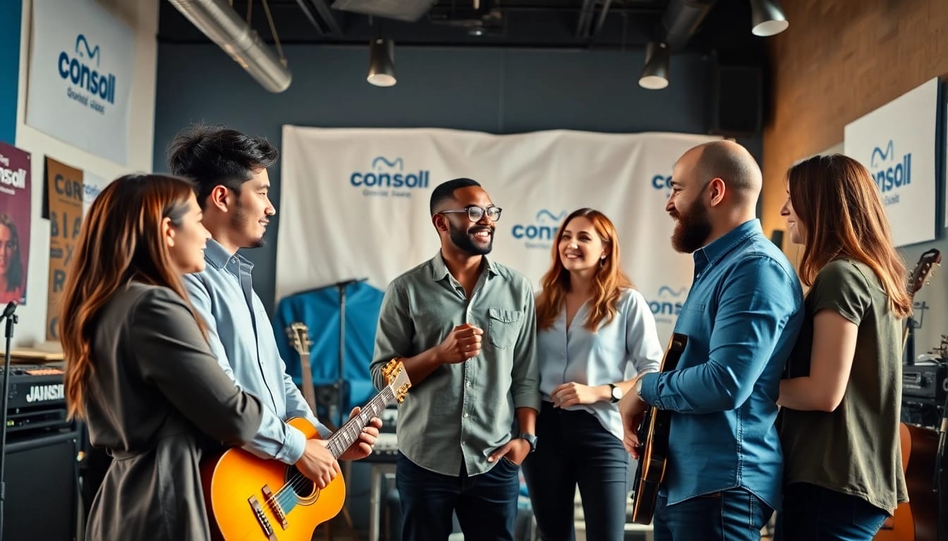 Engaging professionals in a music pr agency collaborating creatively.
