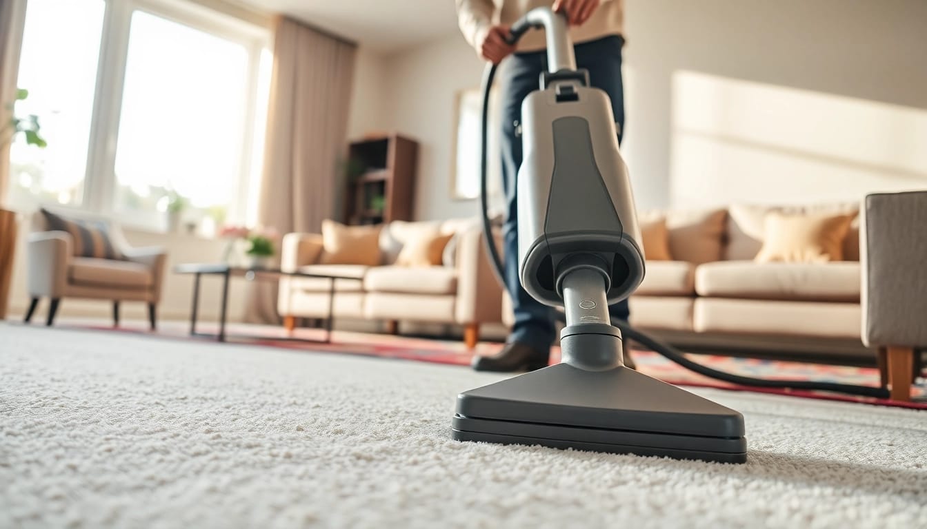 Technician performing carpet cleaning business services in a modern living room.