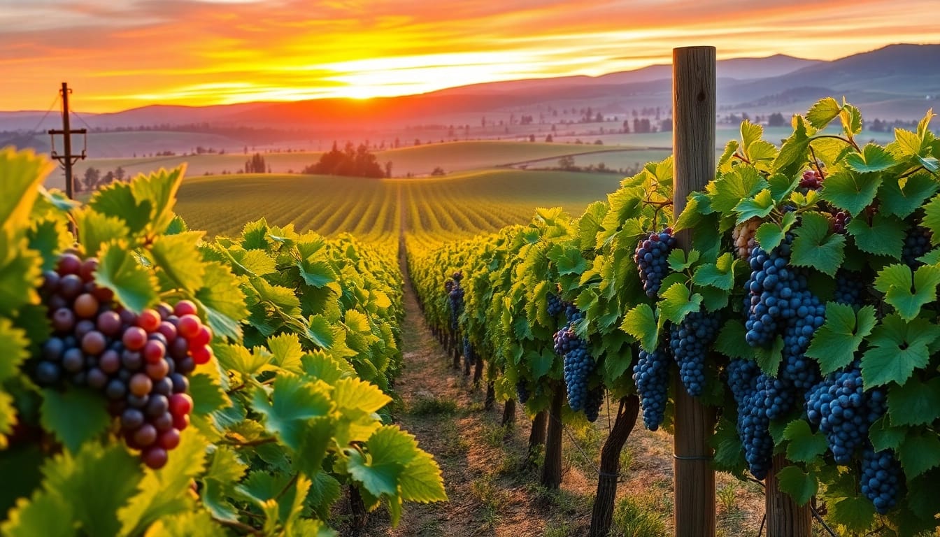 Experience the beauty of Clarksburg wineries with vibrant vineyards and ripe grape clusters.