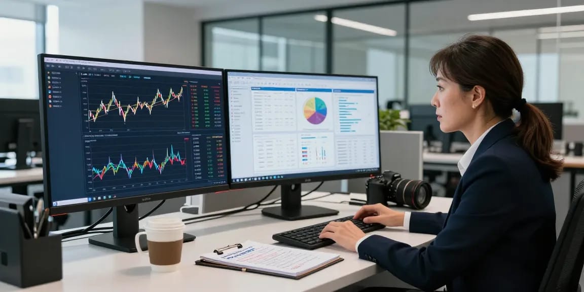 Financial crime intelligence analyst working with data visualizations in a modern office setting.
