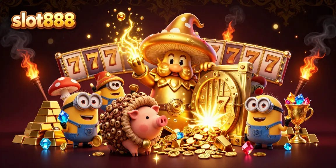 Menangkan slot888 dengan beragam permainan slot bertema, dikelilingi harta karun dan jackpot besar.