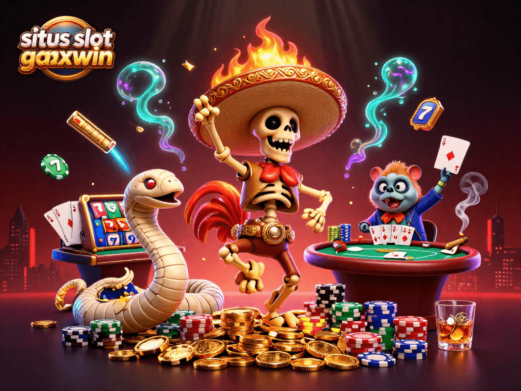 Gambar situs slot gacor maxwin menampilkan kegembiraan dengan karakter unik dalam suasana kasino
