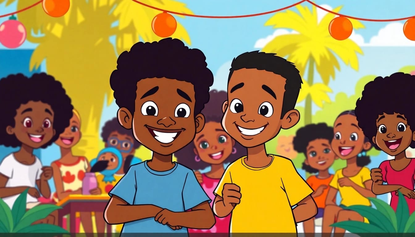 A colorful illustration of African American cartoons featuring characters like Huey and Riley Freeman, celebrating diversity in animation.