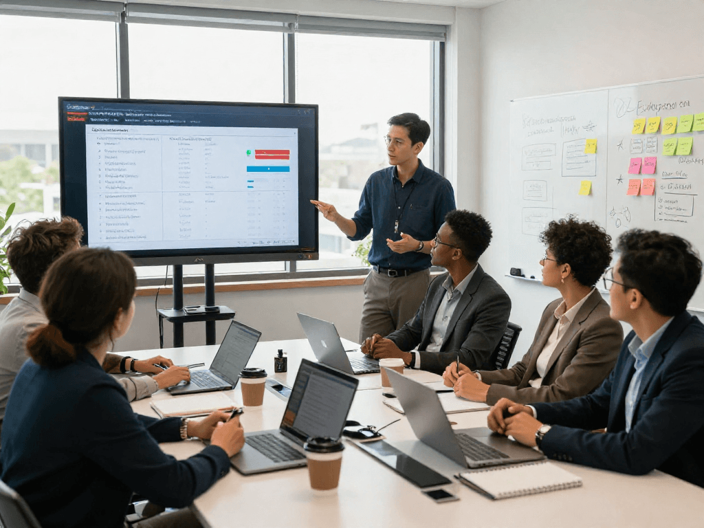 Strategic collaboration in political campaigns featuring message testing polling insights in a modern office.