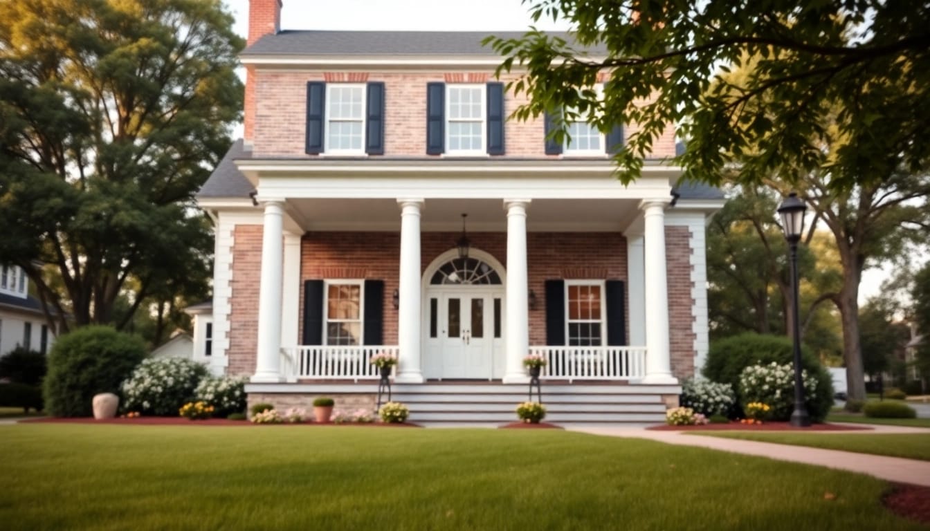 Beautiful colonial home build featuring elegant porch and manicured lawn amidst a tranquil setting.