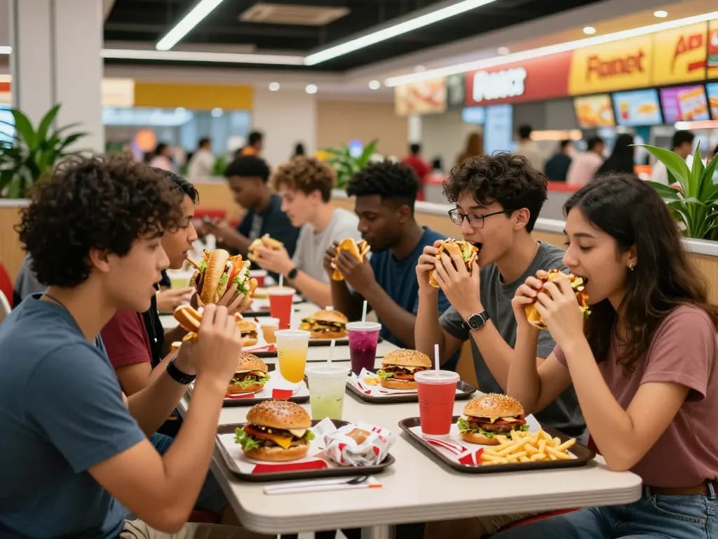 Friends enjoying fast food prices at a lively food court, sharing vibrant meals and smiles.