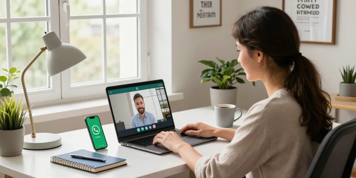 Person using WhatsApp下載 on laptop in a bright home office, showing technology integration and creative workspace.