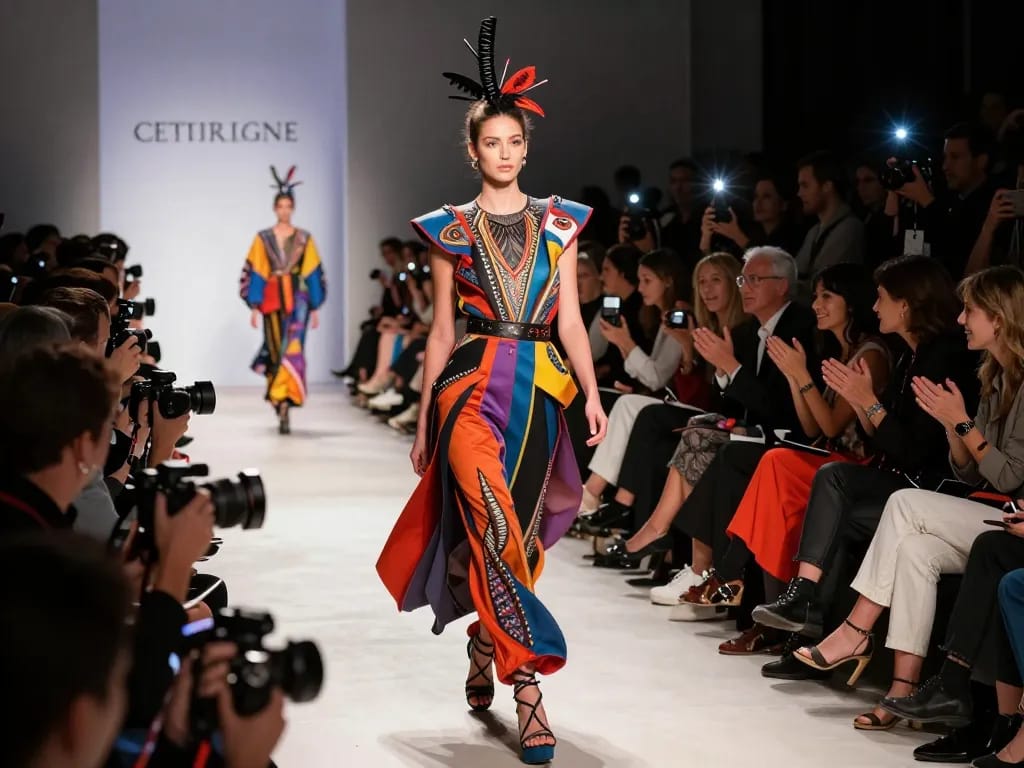Runway show featuring a model in avant-garde fashion, vibrant atmosphere with photographers capturing the moment.