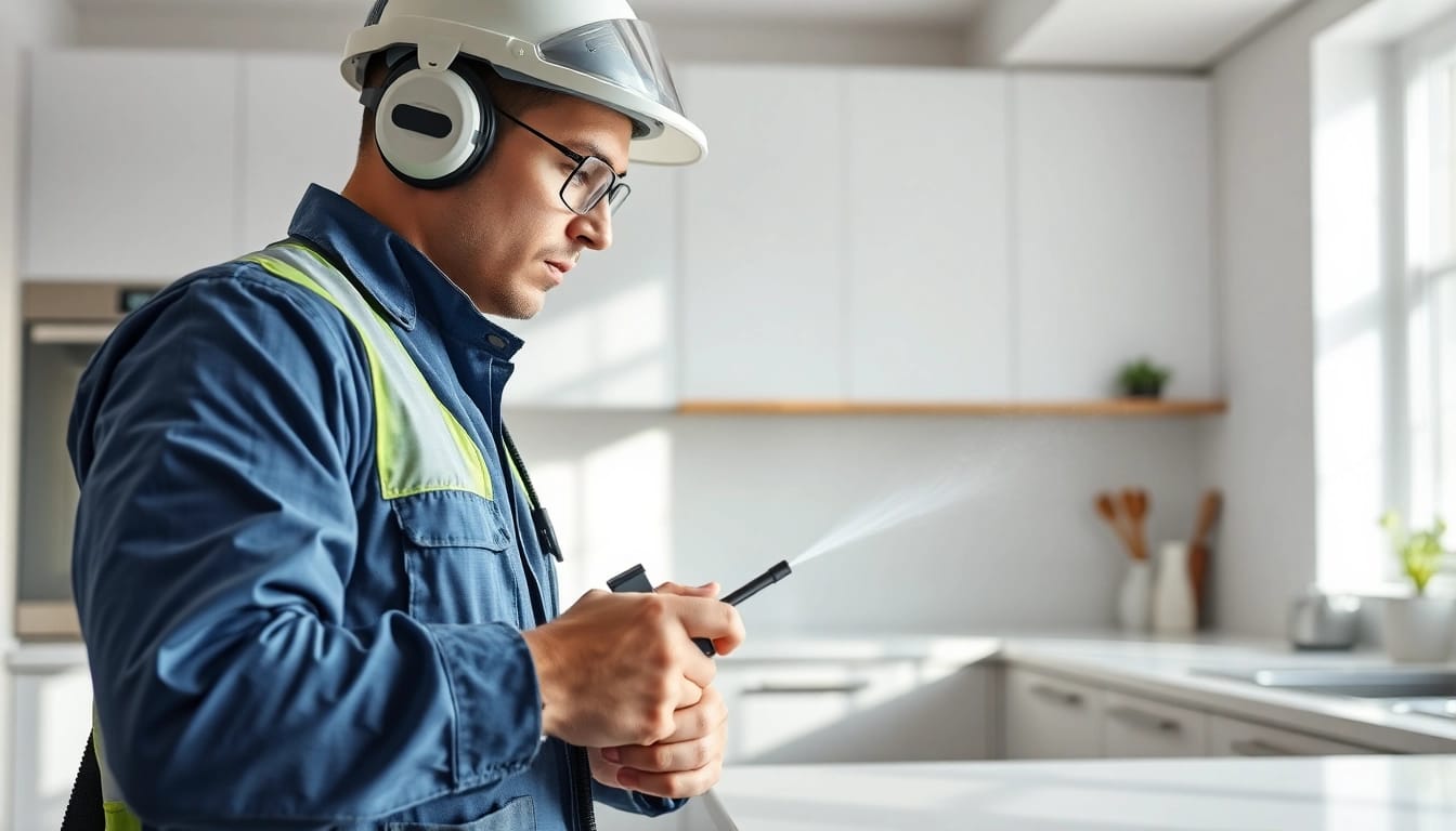 Cockroach infestation treatment being applied by a technician in a modern kitchen setting.