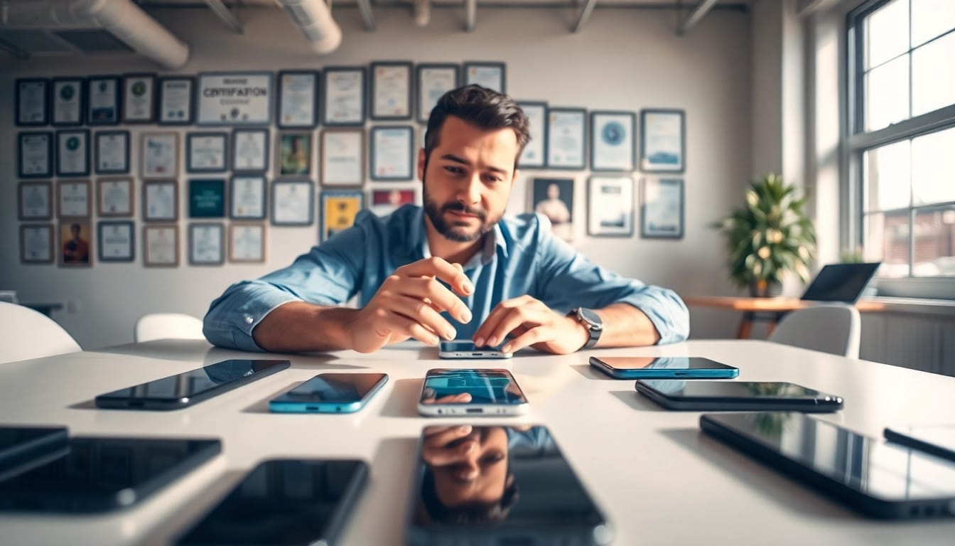 Cash for phones Bryant AR service with professional buyer evaluating smartphones in a bright office.