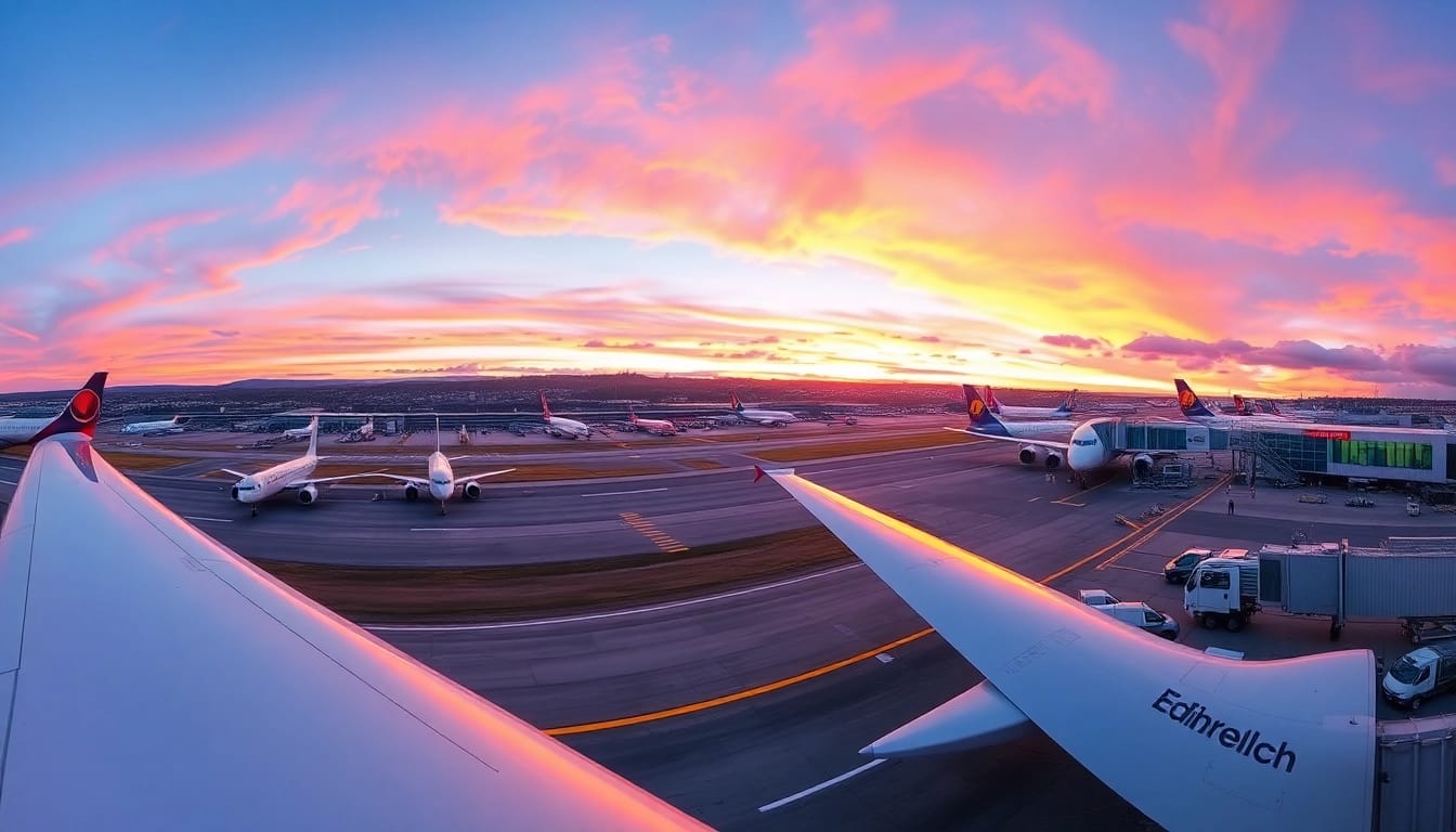 Explore bustling Edinburgh Airport, featuring aircraft on the runway and the modern terminal structure.
