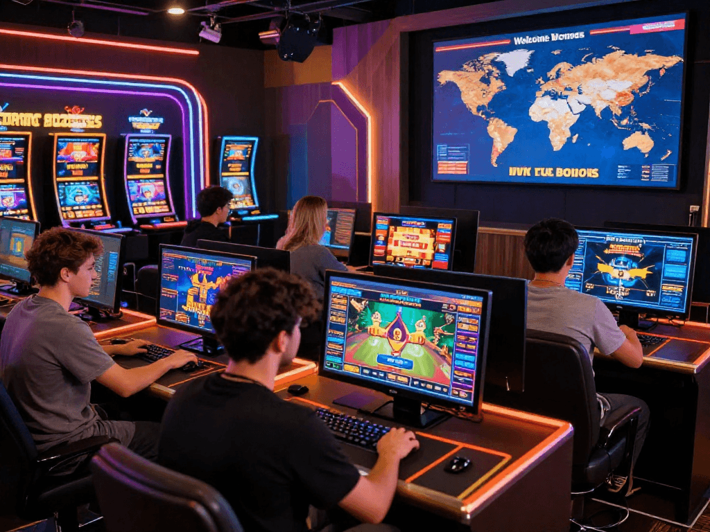 Engaged players exploring new EU casinos on desktop and mobile devices in vibrant online gaming atmosphere.