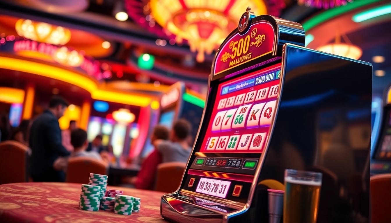 Memainkan mahjong slot dengan dekorasi kasino yang cerah dan ramai.