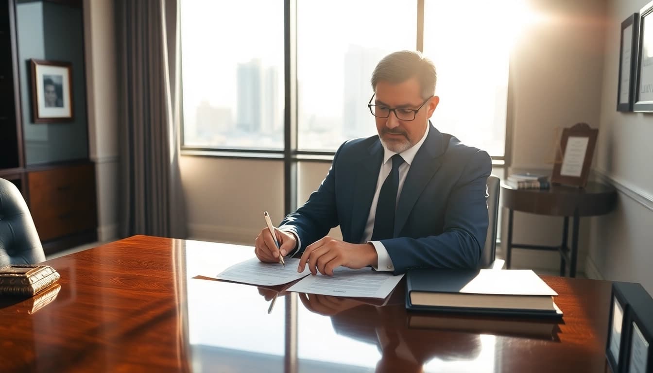 Consult a Miami high net worth divorce lawyer working in an upscale office, ensuring expert legal guidance.