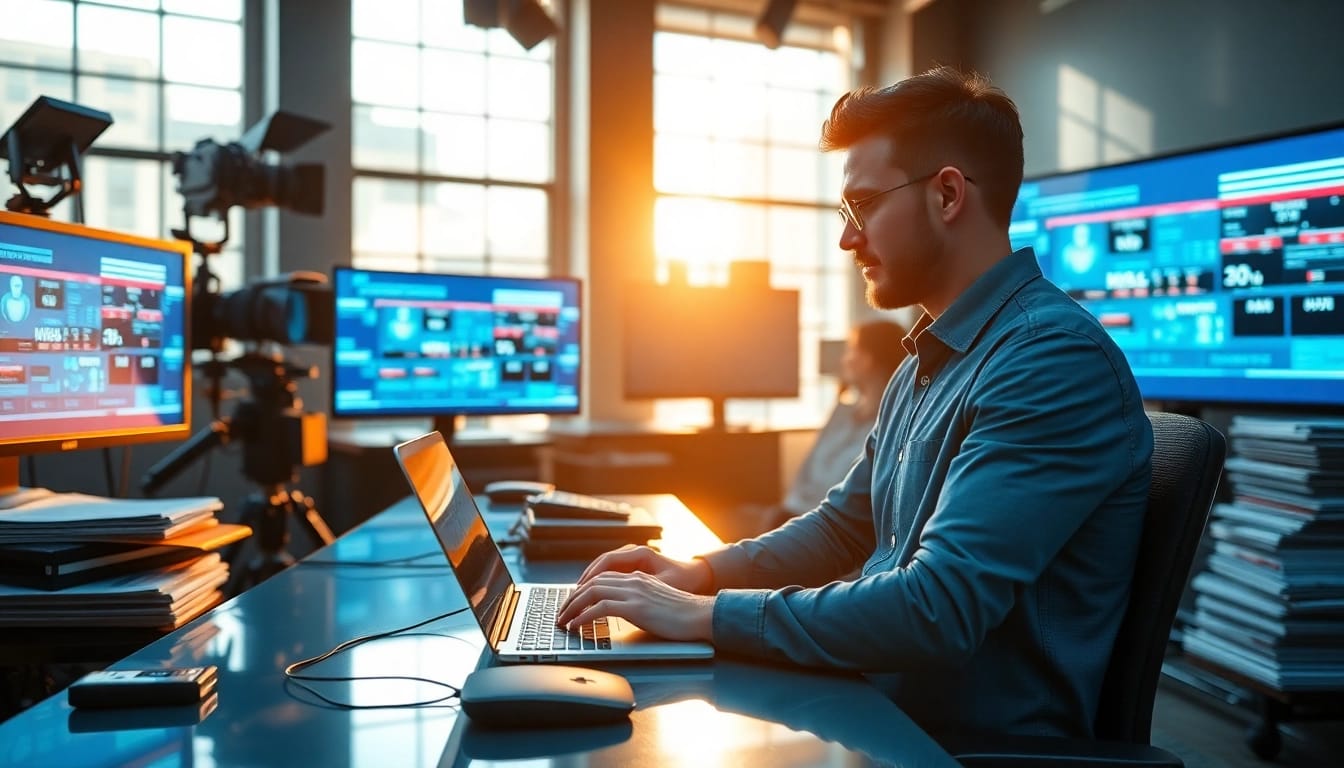 Engaging news scene depicting a journalist in action with digital updates in the background.