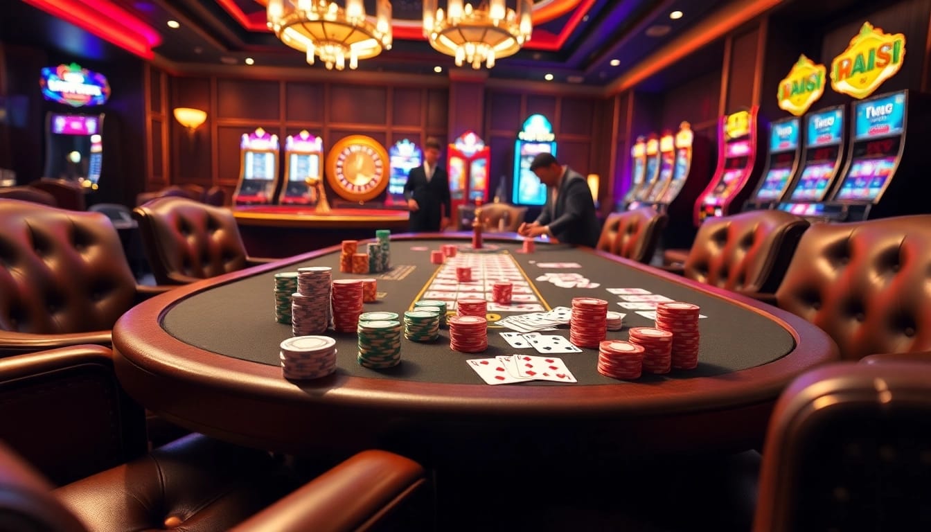 Experience the thrill of MM88 with vibrant casino visuals showcasing poker tables, chips, and roulette wheels.