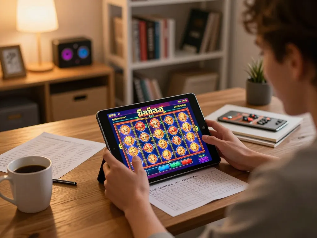 Engaging in สล็อตวอเลท gameplay on a tablet at home, surrounded by strategy notes.
