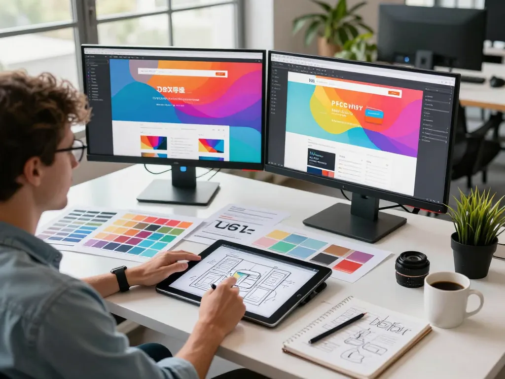 Freelance web designer at work in a vibrant, modern workspace, sketching website layouts and prototypes.