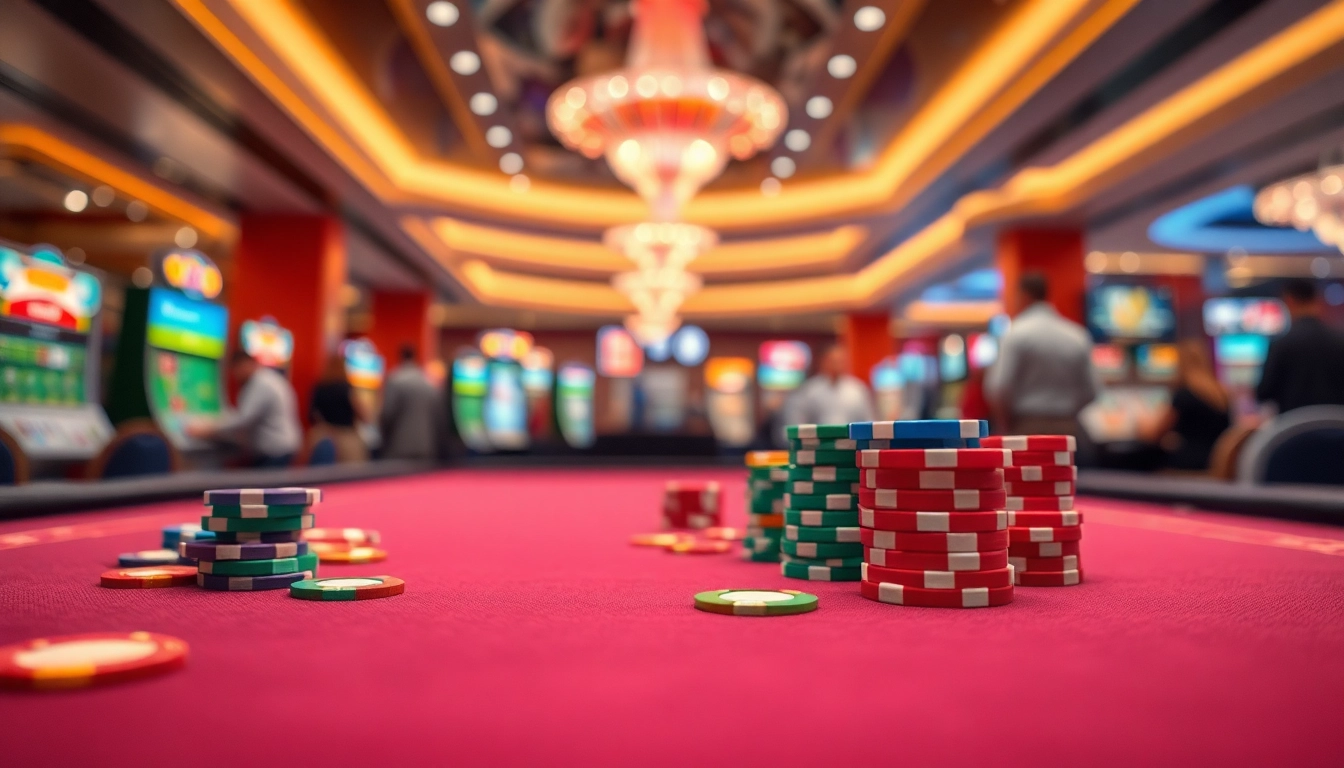 Situs toto mengungkapkan suasana kasino modern dengan chip berwarna cerah dan meja permainan yang menarik.
