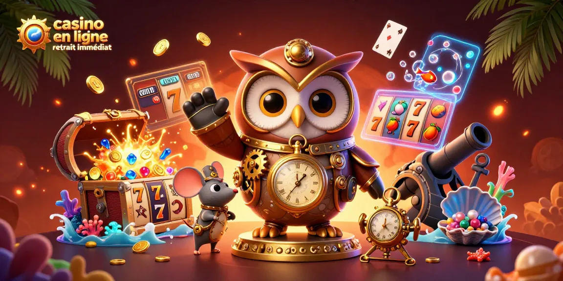 Profitez de l'expérience immersive du casino en ligne retrait immédiat avec une illustration dynamique d'animaux steampunk.