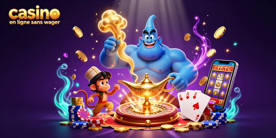 Profitez de l'excitation du casino en ligne sans wager avec un génie et des jetons de poker dans un monde magique.