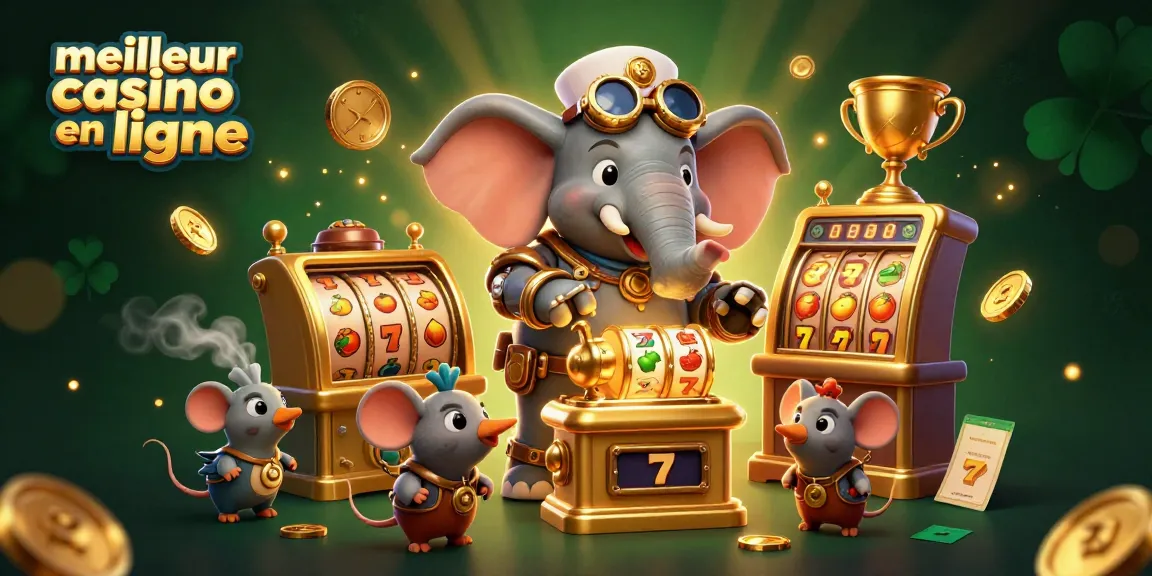 Illustration dynamique du meilleur casino en ligne avec un éléphant ingénieur steampunk et des machines à sous.