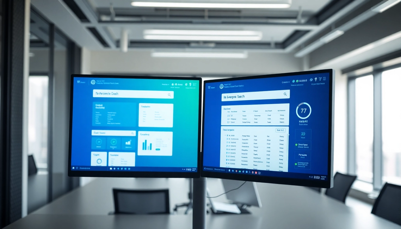 Illustration of enterprise search tools showcasing data retrieval on digital screens in a modern office.