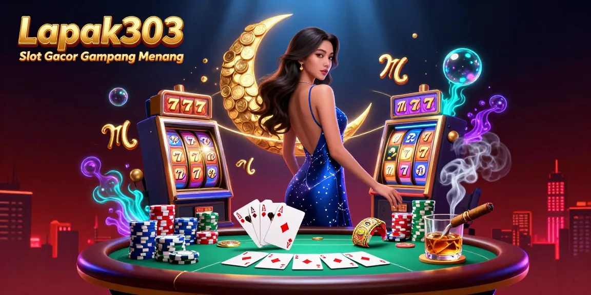 Engage with Lapak303 Slot Gacor Gampang Menang through this vibrant casino illustration featuring slot reels and poker elements.