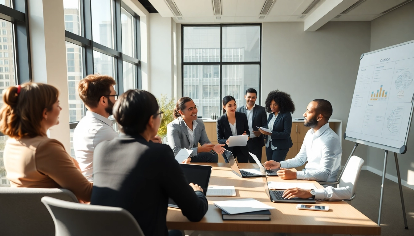 Team of professionals analyzing contracts and grants in a modern office environment.