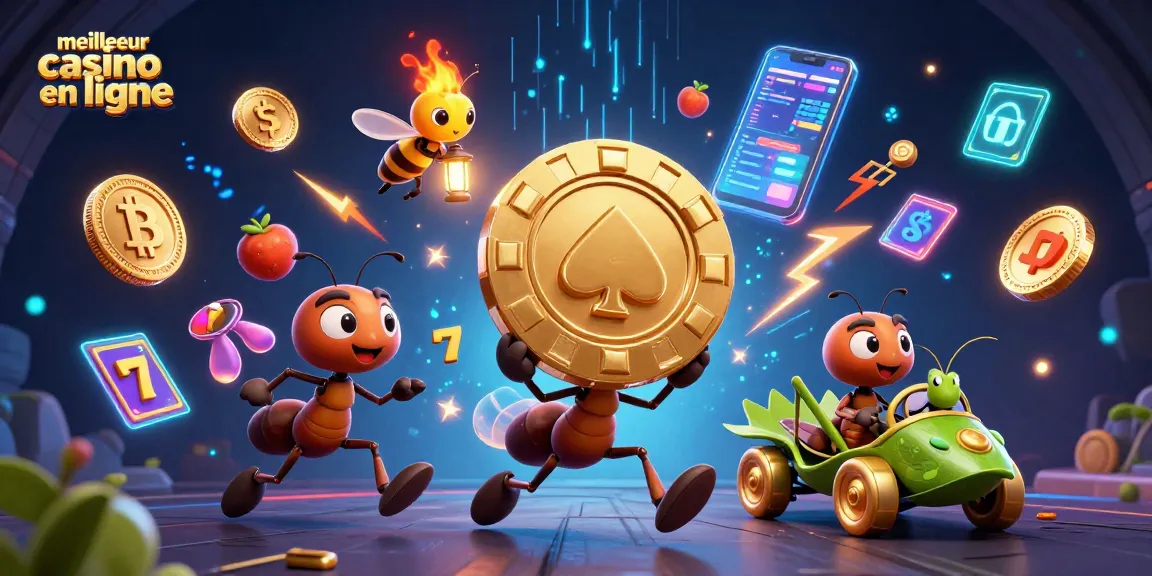 Découvrez le meilleur casino en ligne avec une illustration 3D colorée d'une équipe de fourmis en pleine action.