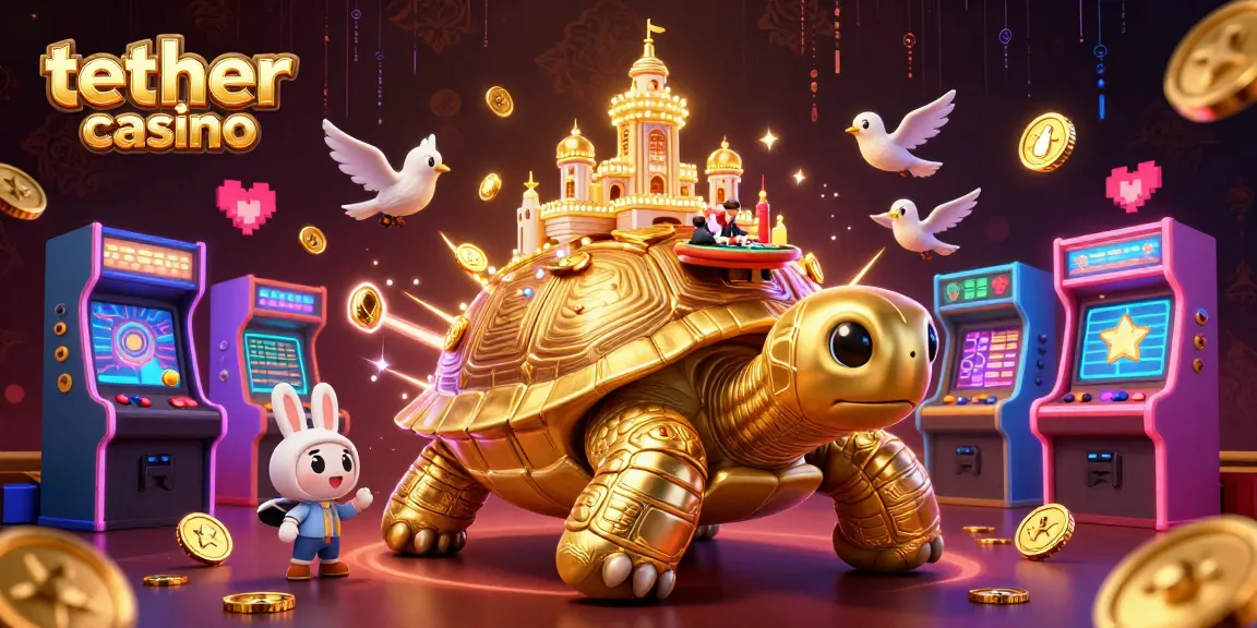 Scopri il mondo del tether casino con una tartaruga dorata e un croupier mentre giochi con denaro virtuale.