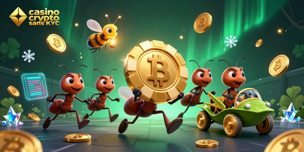 Les fourmis du casino crypto sans KYC transportent une puce de poker dorée à travers un tunnel.