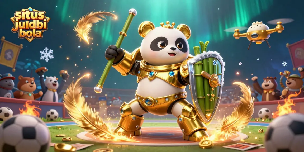 Situs judi bola showcases a vibrant sports betting arena with a golden panda robot battling amidst cheering spectators.