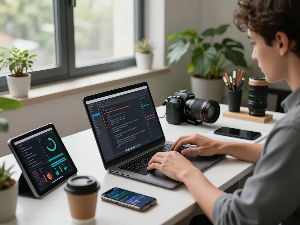 AI developer utilizing video to prompt ai technology in a modern workspace, showcasing innovative tools and collaborative atmosphere.