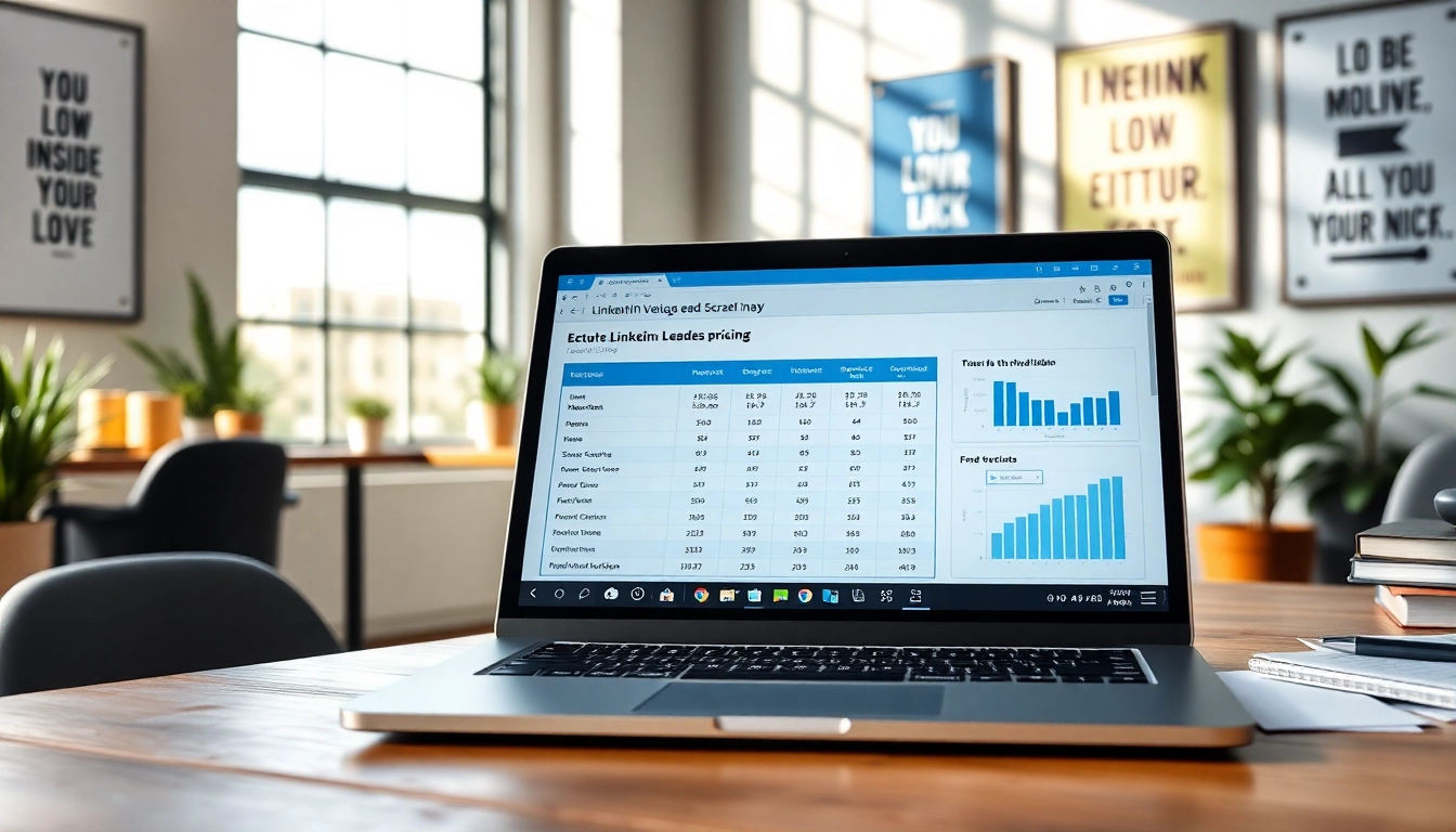 Showcase linkedin lead scraper pricing with a professional office setup, highlighting spreadsheets and charts.
