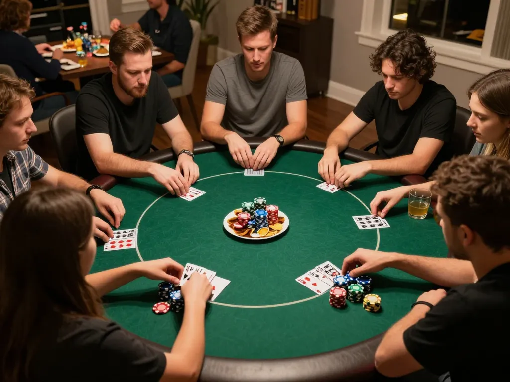 Vipwin poker game creating excitement with friends around a green felt table in a cozy home setting.