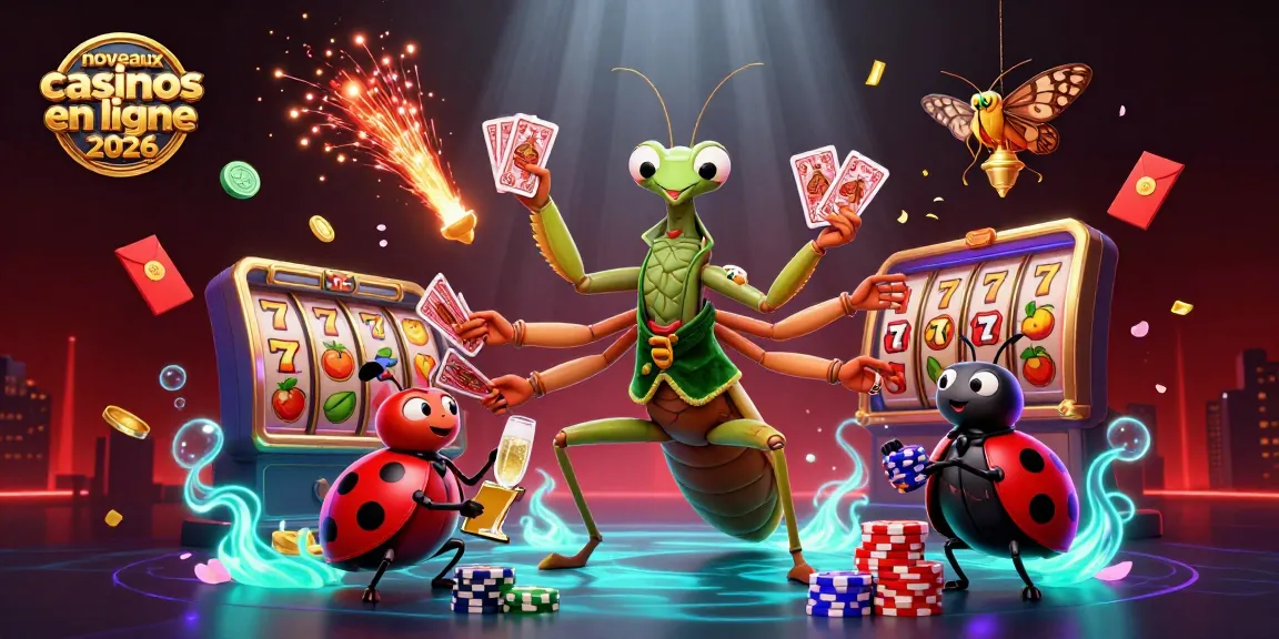 Illustration dynamique des nouveaux casinos en ligne 2026 avec un mante religieuse géant et une coccinelle gérant le jeu.