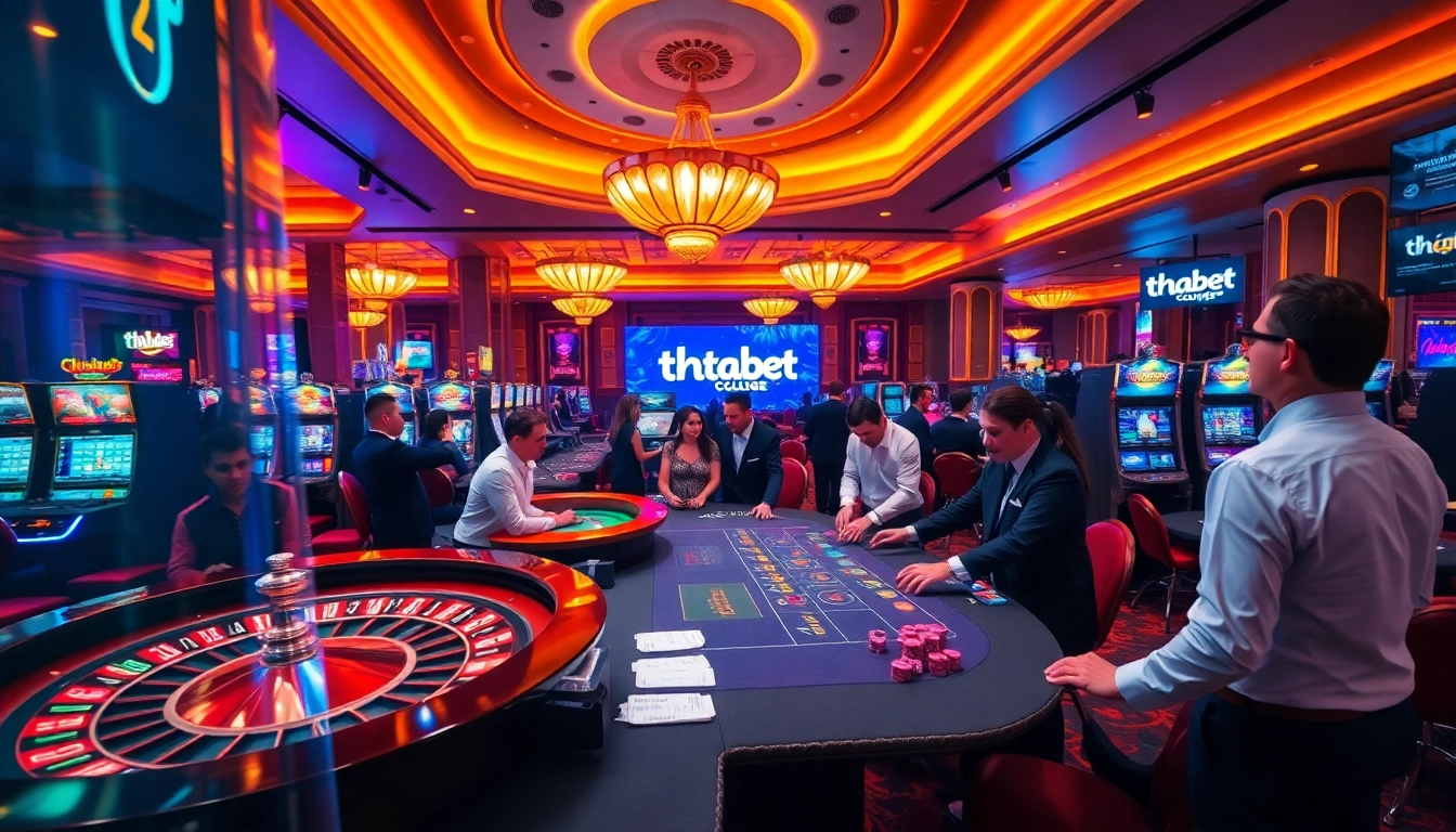Excited gamblers play at a luxurious casino featuring thabet college branding and vibrant gaming elements.
