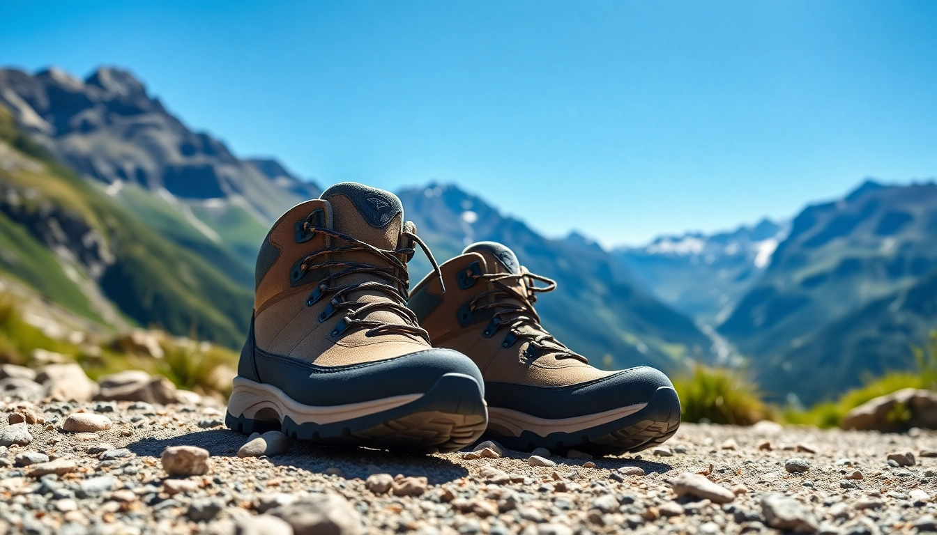 Botas montaña niño destacando en una senda rocosa al aire libre.
